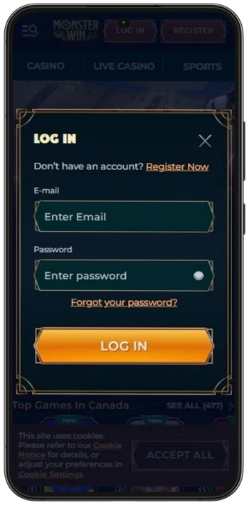 Monsterwin account login after install