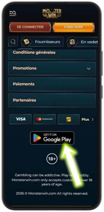 Monsterwin icône de téléchargement dans le footer