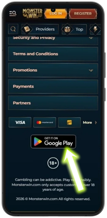 Monsterwin app download icon in footer