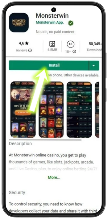 Monsterwin APK écran d'installation Android